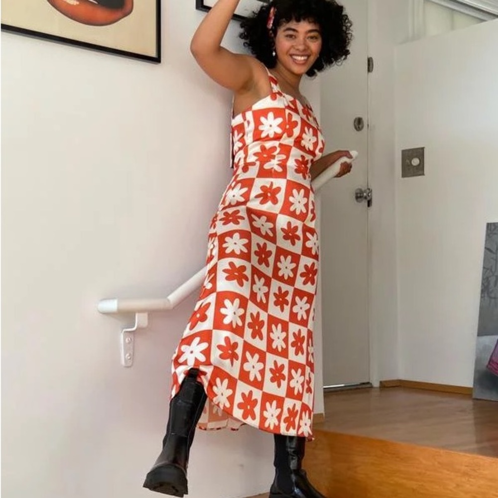 Lisa Says Gah! x KJP Sloane Midi Slip Dress - Orange Daisy Check 2XL